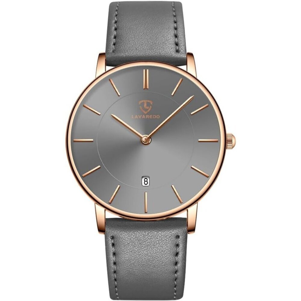 Men's Grey Leather Strap Analog Minimalist Simple Comfort Buckle Wrist Watch